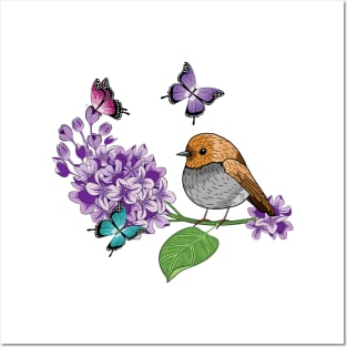 Lilac - Butterflies And Robin Bird Posters and Art